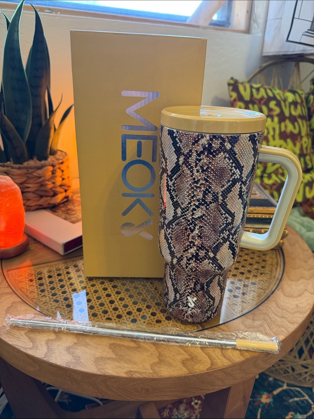 Snake Print Travel Mug with Handle - Brown